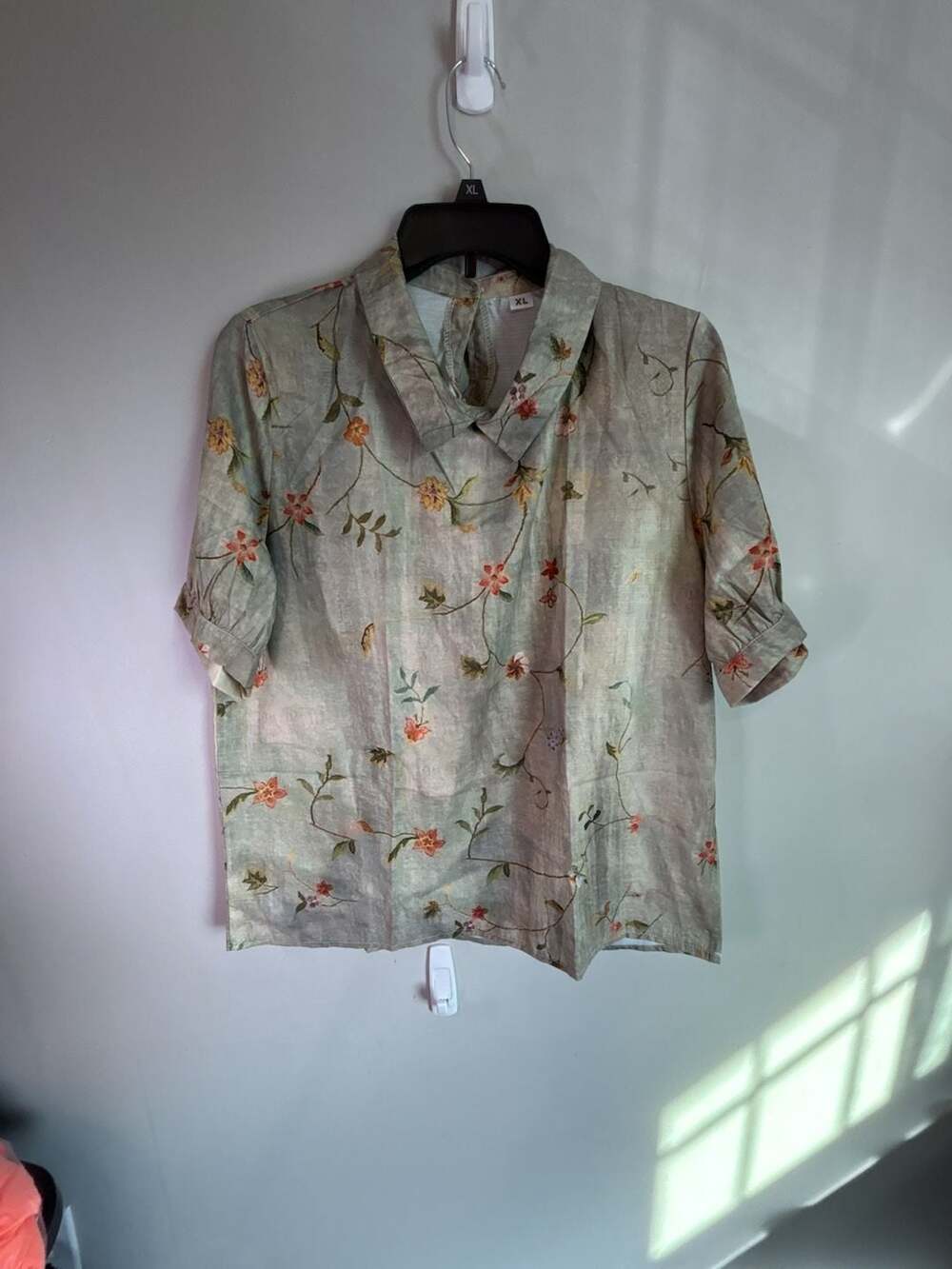Womens Short Sleeve Tops Floral Lapel Round Neck Button Loose Pullover Top Summe